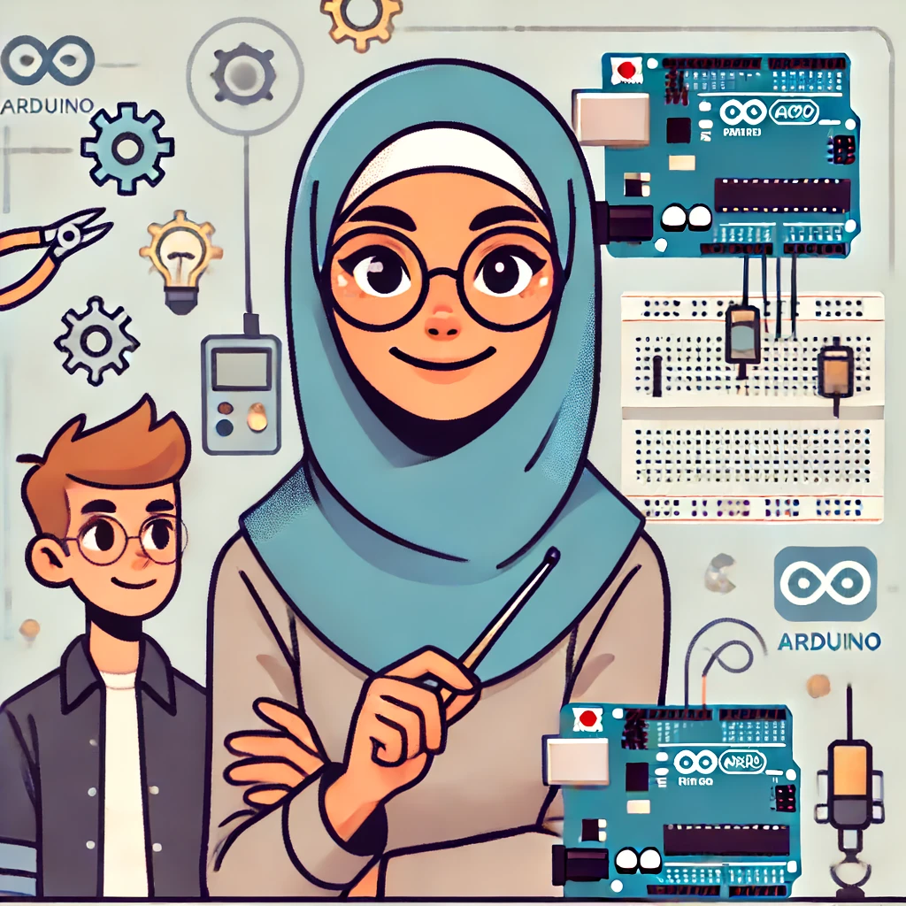 DALL·E 2024-06-14 19.58.41 - An animated graphic image of a female robotics instructor wearing a hijab. She is depicted as friendly and approachable, wearing glasses and a casual